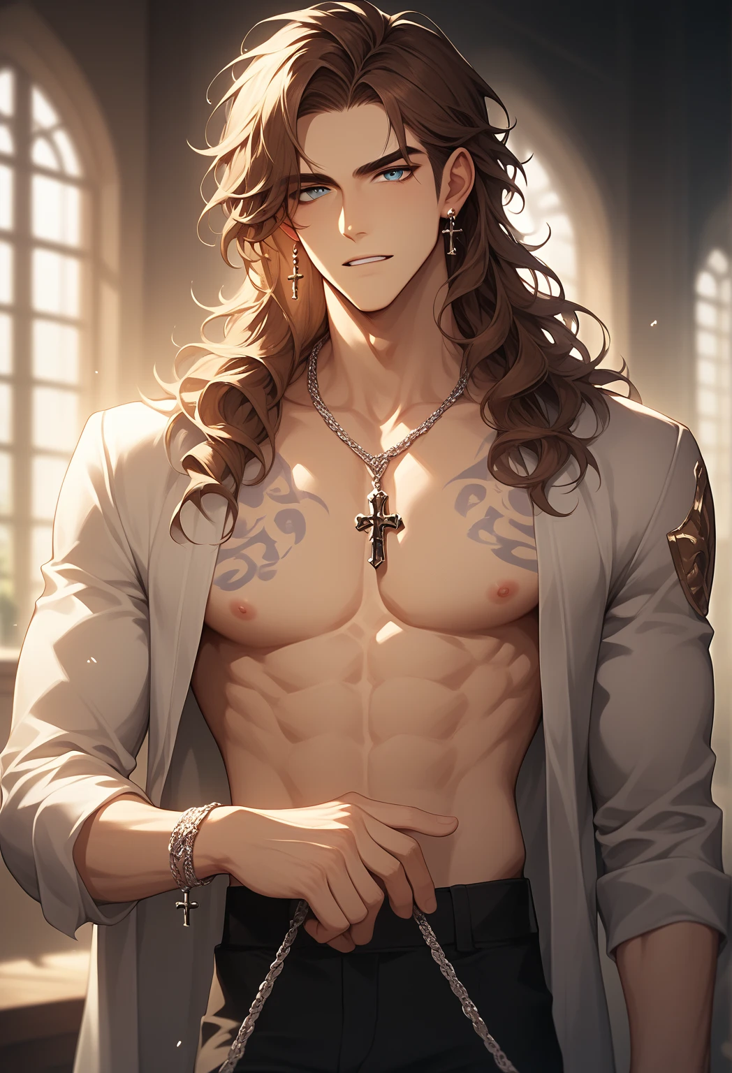 A 40-year-old medieval cyberking, ropa medieval de la realeza, with mechanical implants from the industrial age embedded in his body, a golden crown with a brownish-brown jewel in the center of the crown.