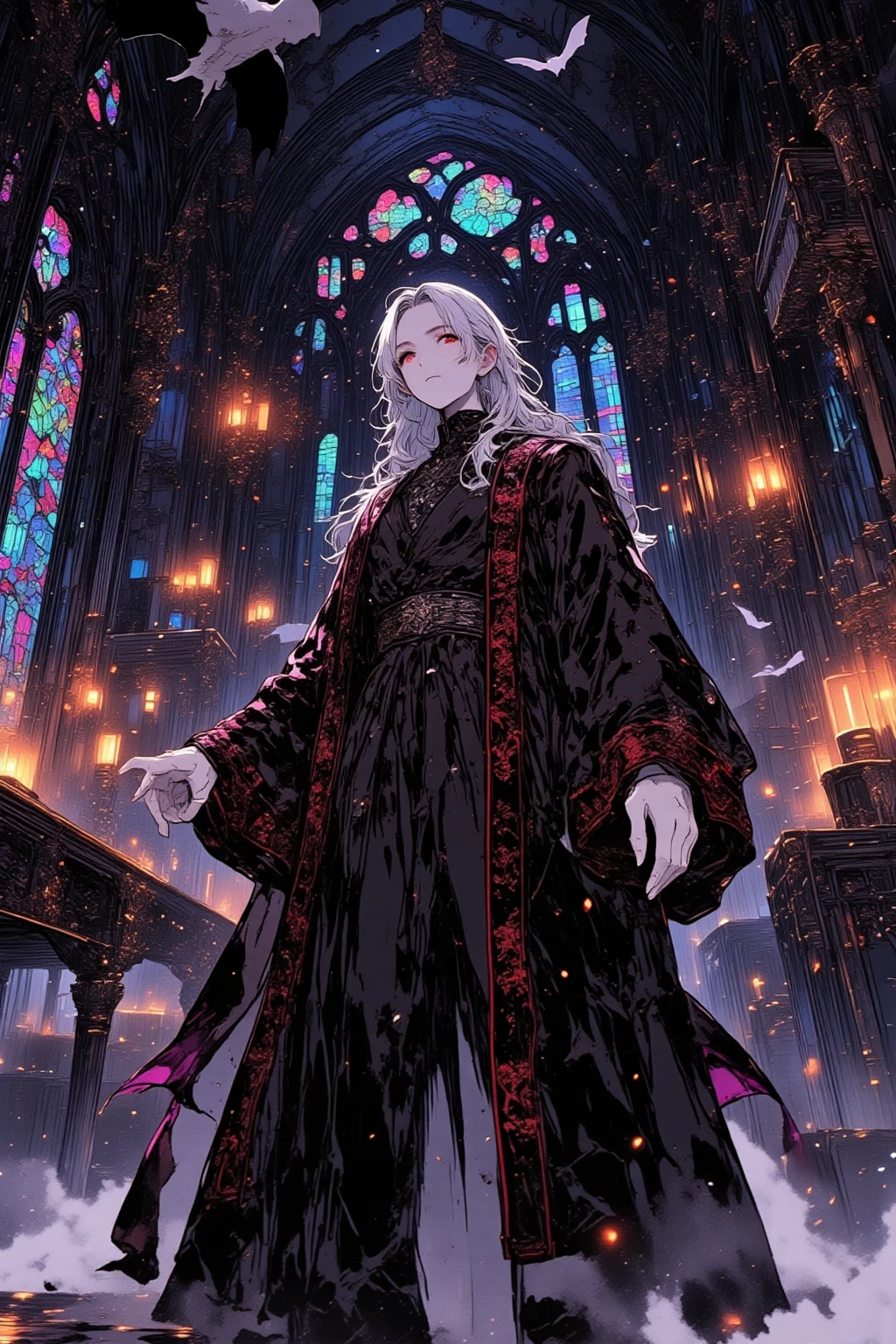 Vampire Robe Male With dark silver hair、a mature and elegant male vampire, Distinct ...