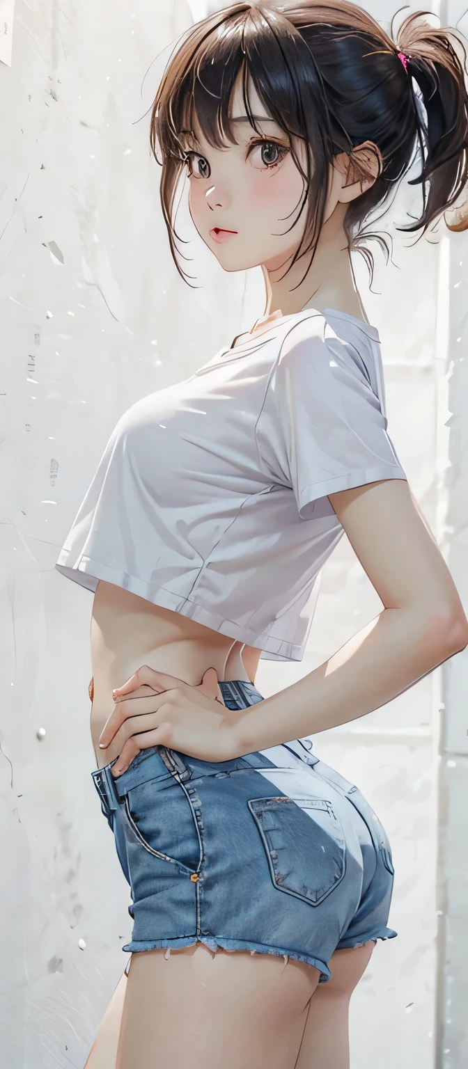 Adorable Girl . Very Kawaii , Round Face . Solo , Slim , Medium Breasts , Short Stature . Glossy Skin . Plain White T-shirt . Tight Shorts . Dynamic Angle . No Background , White Background , looking at viewer, darker shadows, (((absurdres))), (((thigh gap))), (((perky boob))), (((sleeveless))), (((unbuckled))), 