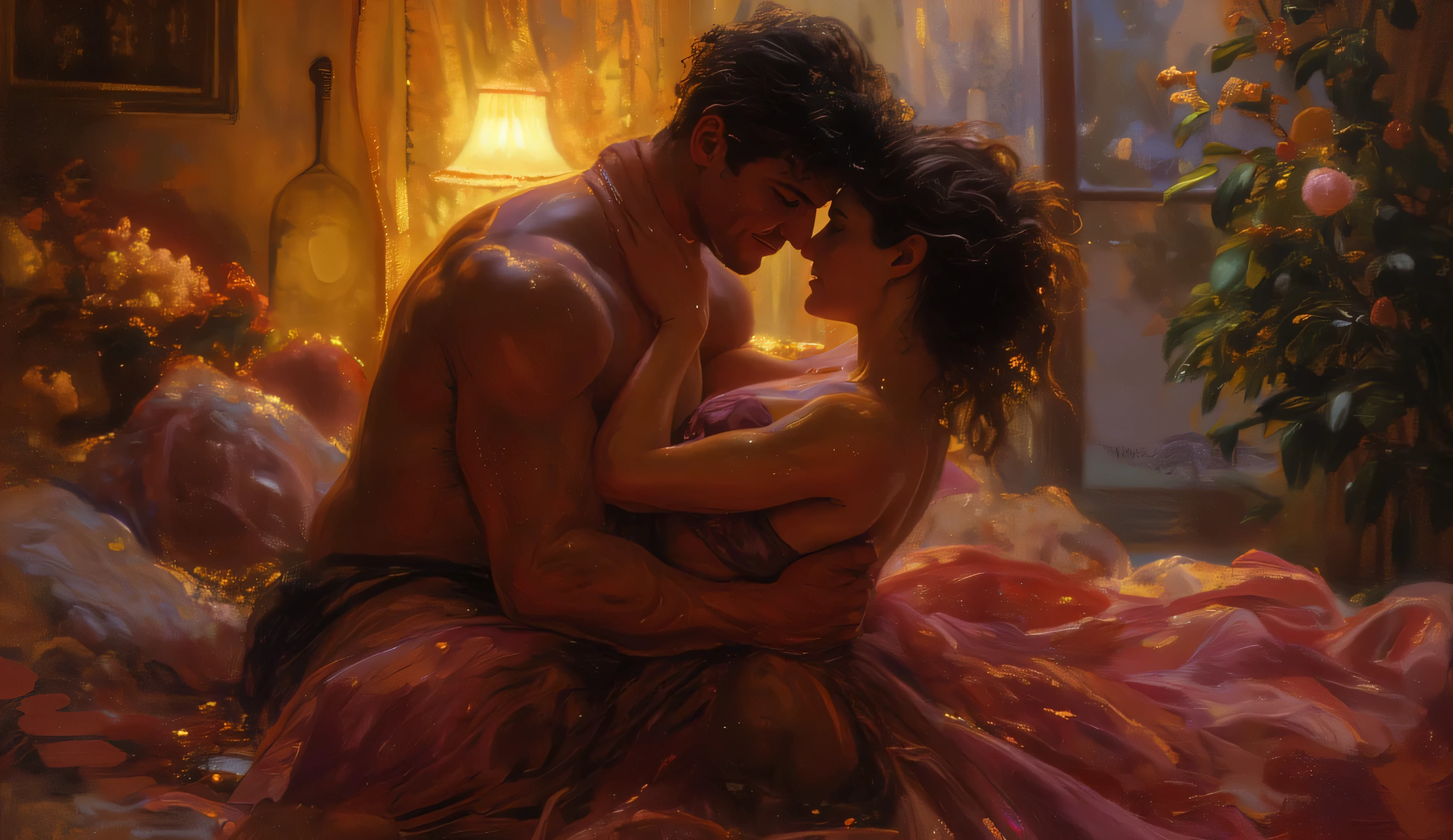 realistic portrait of two passionate lovers in an intimate embrace, large window with scenic landscape view, vivid colors, intricate details, oil painting, masterpiece, 4k, extremely detailed, photorealistic, dramatic lighting, sensual, erotic, inspired by Bill Sienkiewicz