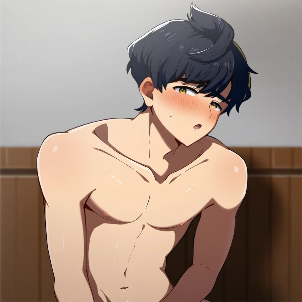 score_9, score_8_up, source_anime, 1boy, ((solo)), standing, ikuchan, indoors, nude male, huge penis, huge testicles, lean male, looking at viewer, faceless male, 1boy, raceplay, smug, humiliation, ((faceless male)), ((dark skinned femboy), nude, ((femboy)), solo focus, choker, solo focus, huge penis, ((large thighs)), tiny waist, black hair, messy hair, hair covering eyes, bedroom, night, nighttime, shirt, black shirt, lifting shirt, tongue out, closeup