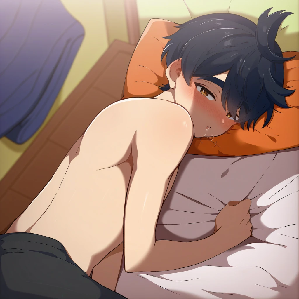 ((Best quality)), ((masterpiece)), (detailed), очень худой симпатичный boy , boy 12 years oldg in bed, back view, almost without clothes