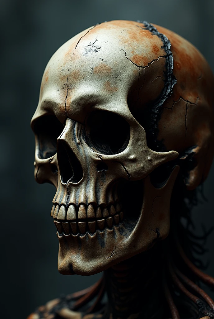 Mysterious and Ominous: "The skull, etched with intricate, shadowy patterns, seems to hold secrets from a forgotten era. Its hollow eye sockets and jagged teeth exude an aura of silent menace, a dark relic from the depths of ancient fears."