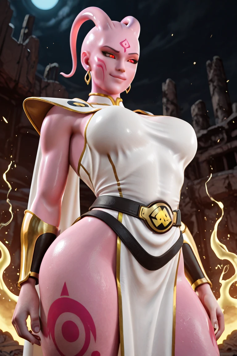 frieza gender bend, big breasts, deep cleavage, big round ass, round Buttocks, cameltoe, wide hips, leg spread apart, her hips swaying, skimpy armor, anime eyes dragon ball z, frieza eyes, purple nipples, laughing