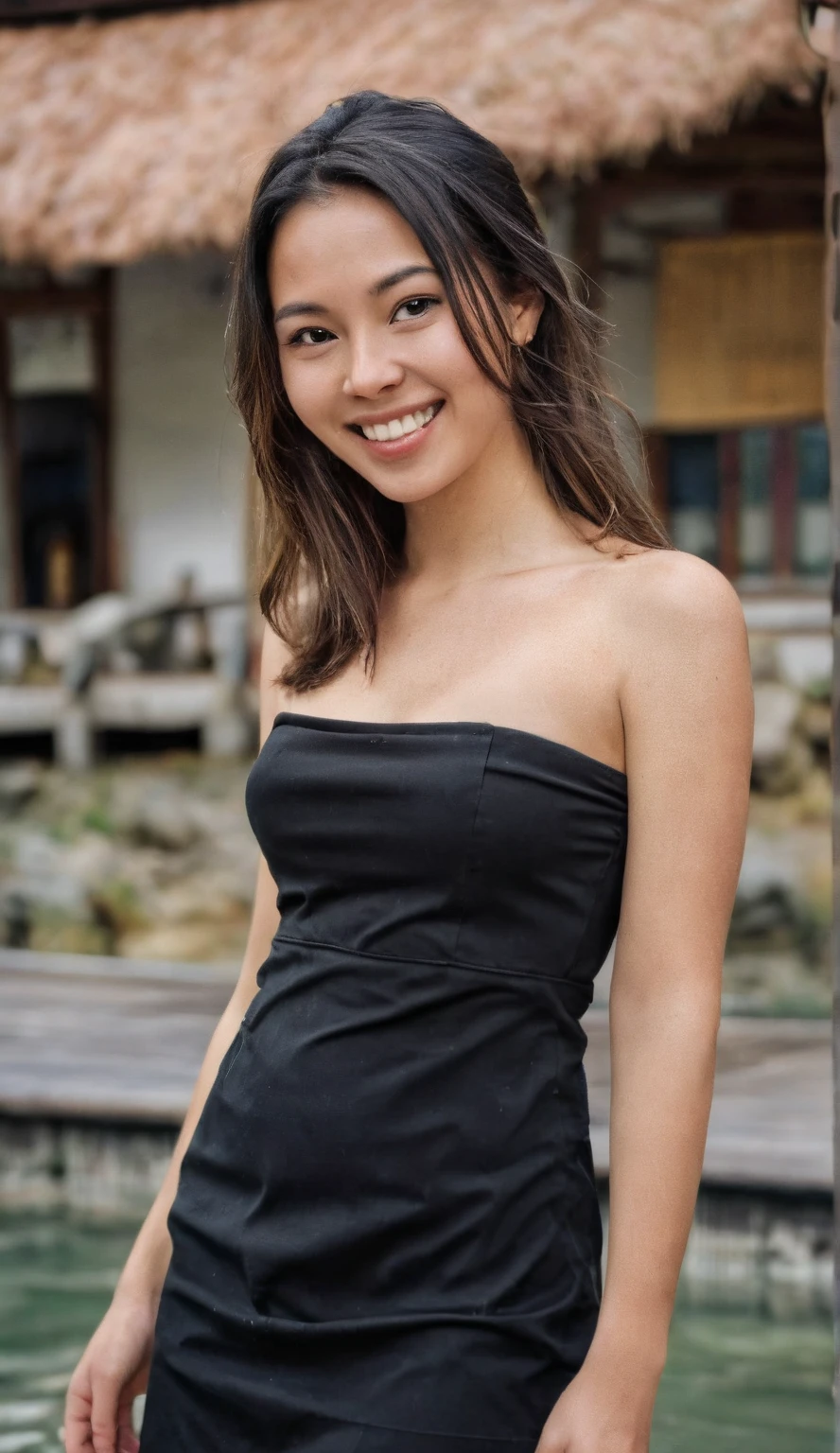 Dslr photo, (8k, 4k, masterpiece),beautiful pretty filipina asian woman, smiling, laughing, night, indoors, thin strap sleeveless black dress, witch, long dark hair, bracelets, arm bands, blurry background, (bottom hands on hips), (elbows out), full subject in frame, full body view, front view, (four arms:1.2), (extraarms:1.2), (top hands on head), (4arm), (woman with 4 arms), (busty), curvy, happy