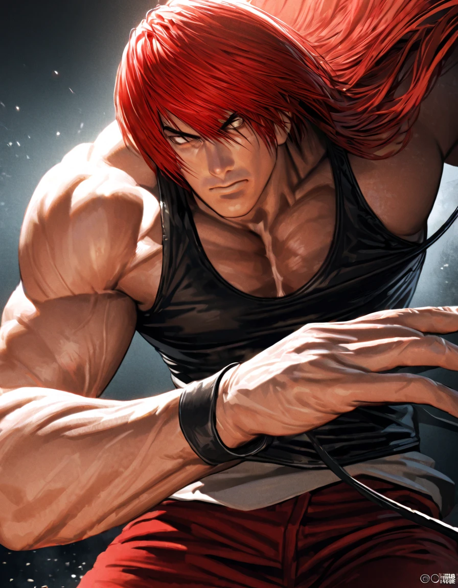 1boy, 26 Years old, Serious face, red hair, long hair, muscular, shirtless, ((black long pants)), punching, blue sky, cloud