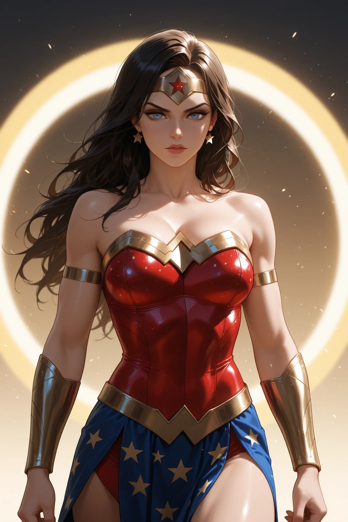 (Highest quality,4K,High resolution:1.2),Very detailed,(Realistic:1.37),Beautifully structured scenes,Dramatic lighting, Wonder Woman from a close-up shot in DC, Twisted space, twisted undead in the background,lens blur,Light Shaft, intricate and complex details, Volumetric lighting, 4K Rendering, Stock Photo, hyperRealistic texture, HDR lighting effects, Unreal Engine,SHY SMILE,Standing gracefully、Blonde long hair、Long hair that reaches down to the toes、((Removing the bulletproof guard from the hand、Removing the bulletproof guard from the left hand with the right hand:1.3))、((Undressing、Removing the hand attachment:1.3))))、((Take off only the upper body、Starts taking off costume、Embarrassed to take off:1.5))