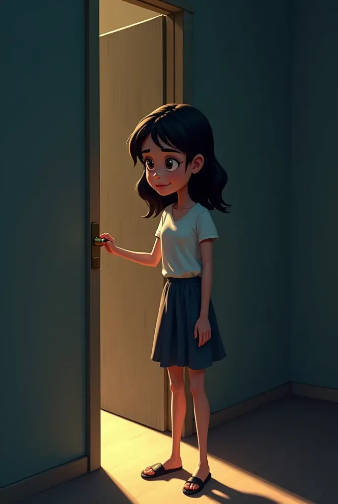 Sarah opening the door slowly, her hand trembling. Look like a cartoon animation realistic 