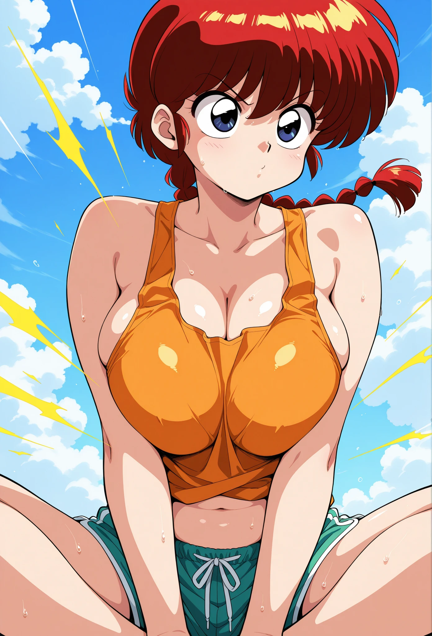 (2000s anime, Retro art style, master piece, best quality, extremely detailed), simple white background, Sense of depth, open pose, 1 girl, solo, red hair, Braid, From above, Raise your arms and show your sides, Raise both elbows, put both hands behind the head, lower one's face, Eyes of the Upper Eye, complete nude, huge breasts, soft breasts, sagging breasts, large areola, swollen areola, Nipple sunk into the areola, squat (spread legs:1.2), barefoot, perfect anatomy, ,