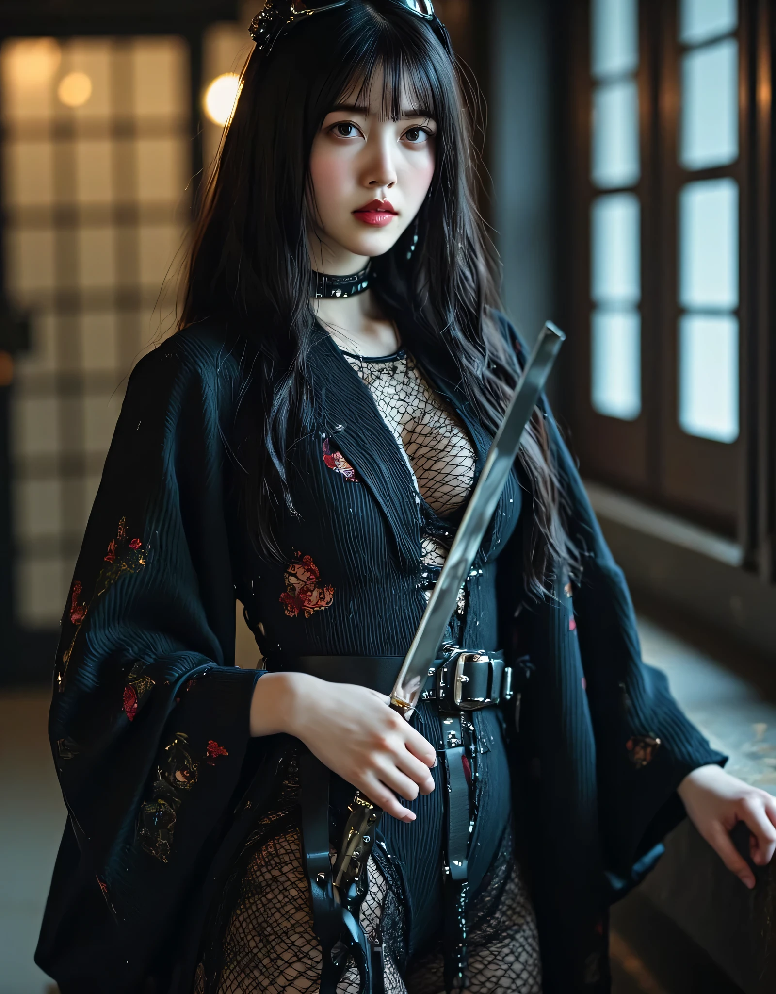 female, Holding a black sickle emblazoned with a symbol of Japan signifying death, Black flames emerge from the decoration., The sickle blade comes out of it.、A black wind blows with the ghost of a skull, Judy female with perfect face and scythe is wearing the appropriate outfit of scythe steel, The female has black hair, The woman is the incarnation of the Grim Reaper., (The background of the CG 8k module is very detailed) (Highest quality), (Best illustrations), (best shade), Very detailed t--v6