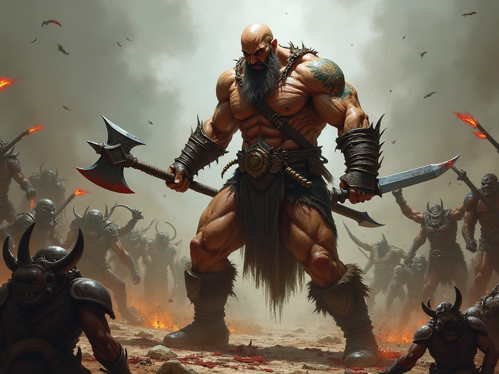 brutalis the violator
massive 8 feet tall muscled bald mutated semi-orc-troglodyte like human with cracked desiccated skin
he has a few large organic spike protrusions made of his desiccated skin on his arms and back, ready for battle to crush his prey