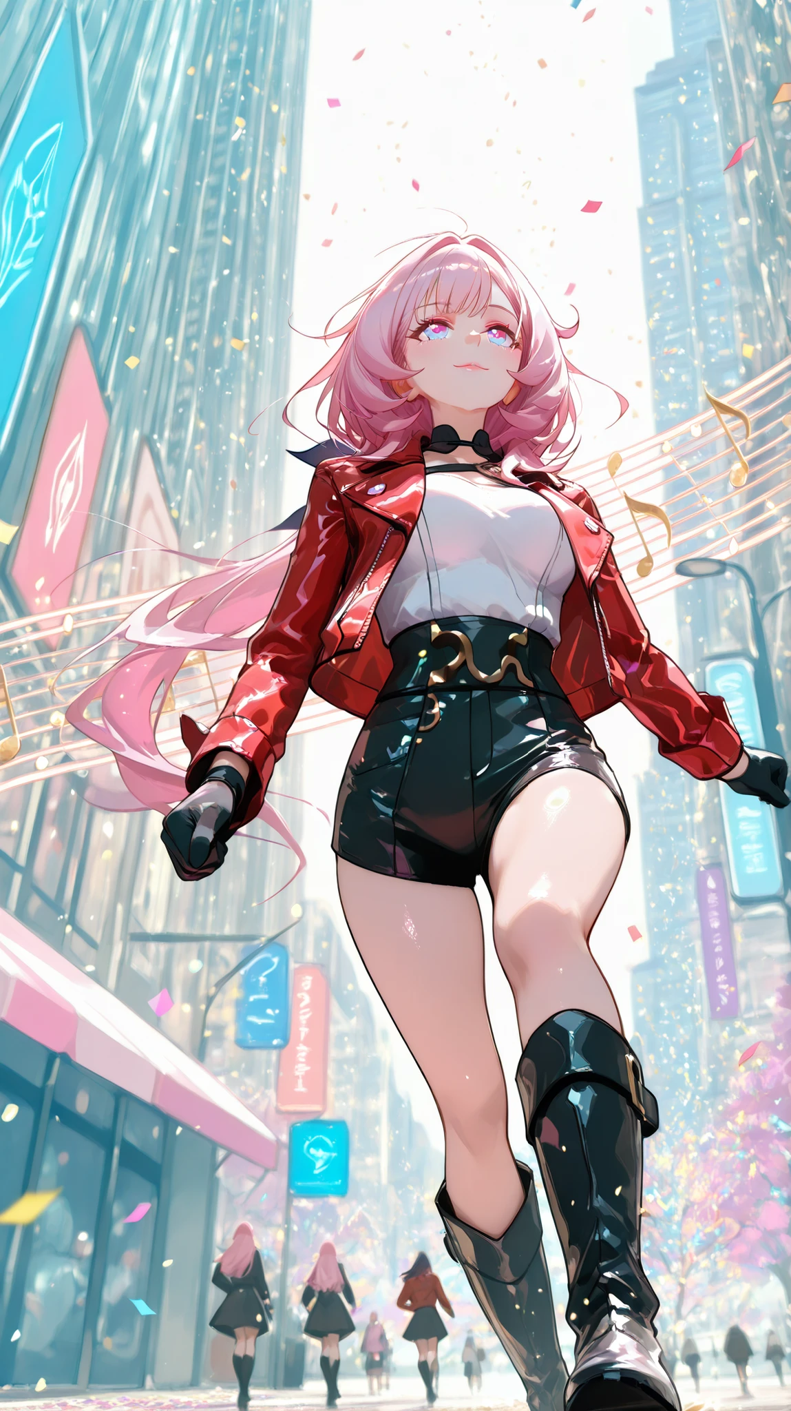 masterpiece, high score , excellent score, Medium full shot , Low angle, beautiful girl, Elysia (  Honkai Impact 3rd place ), Soft pink hair, long hair, Sparkling pink eyes, bright skin, radiant skin,  pink lips , bright color, Dynamic walking position,  slight smile while jogging , Confetti rain, soft lighting, volume light, Fantasy music city background, Skyscrapers built with glowing musical notes, Colorful melodies flowing in the air, Dreamy metropolis atmosphere, red leather jacket, Black leather shorts, Black leather long boots, black leather gloves , Hair blowing in the wind, Gorgeous and delicate fabrics,  looking up , Focus on facial expressions, depth of field, Breathtaking 4K illustration