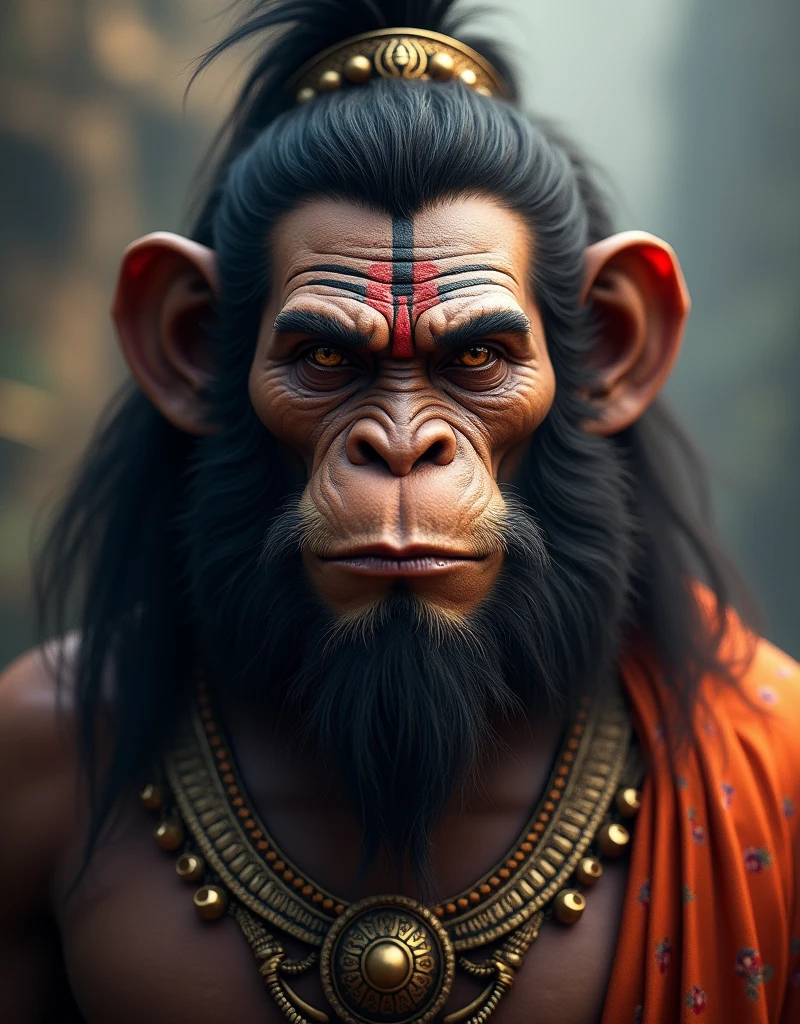 A photograph showcasing the divine essence of the hyper-realistic God Hanuman, rendered with unparalleled realism and intricate detail. Employing Unreal Engine 12, capture the radiant hues and lifelike colors that bring his presence to life. Ensure a sharp focus on his body, face, and the surrounding nature, utilizing Octane Render to enhance the vibrant energy of this divine figure.
