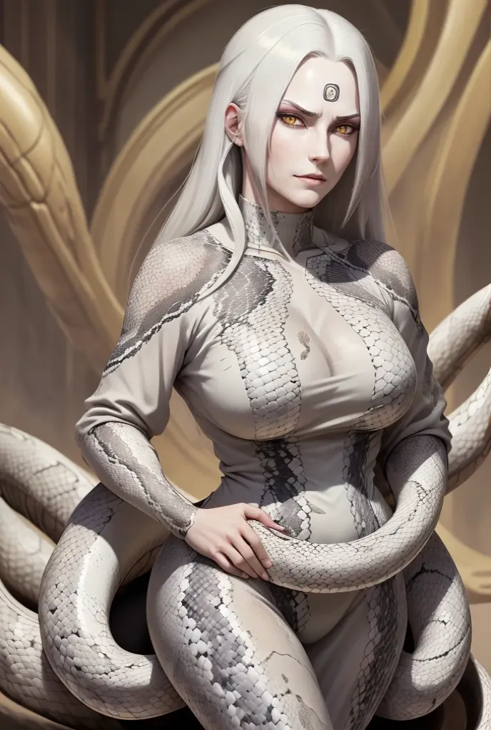 ((ultra quality)), ((masterpiece)), ((gorgon woman)), ((long white curly hair)), ((White hair)), ((White hair)), ((curly hair)), (beautiful face), (beautiful female lips), charming, ((threatening facial expression)), looks at the camera with a slight smile, (White skin color), (White skin), glow on the body, ((detailed eyes)), ((violet eyes)), (juicy female lips), (dark eyeliner), (beautiful female hands), ((thick body)), ideal female body, beautiful waist, beautiful big hips, big breasts, thick thighs, ((Subtle and beautiful)), ((About a huge white snake)) ((huge snake)), (), ((depth of field)), ((high quality clear image)), (delete details), ((High detail)), ((clear focus))
