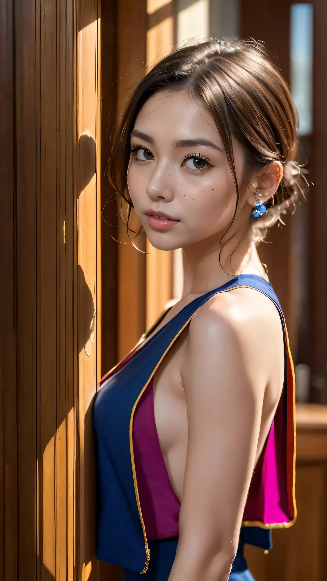 masterpiece, Highest Quality, (Highly Detailed CG Unity 8K Wallpaper, masterpiece, Highest Quality, ultra detail, vest shadow), (Detailed Background), (beautiful detailed face, beautifully detailed eyes), High Contrast, real woman, freckles, (best lighting, very delicate and beautiful), short hair, hair ornament, accessories, piercing, Complex Backgrounds, Colorful light_ particle, space, dark background,