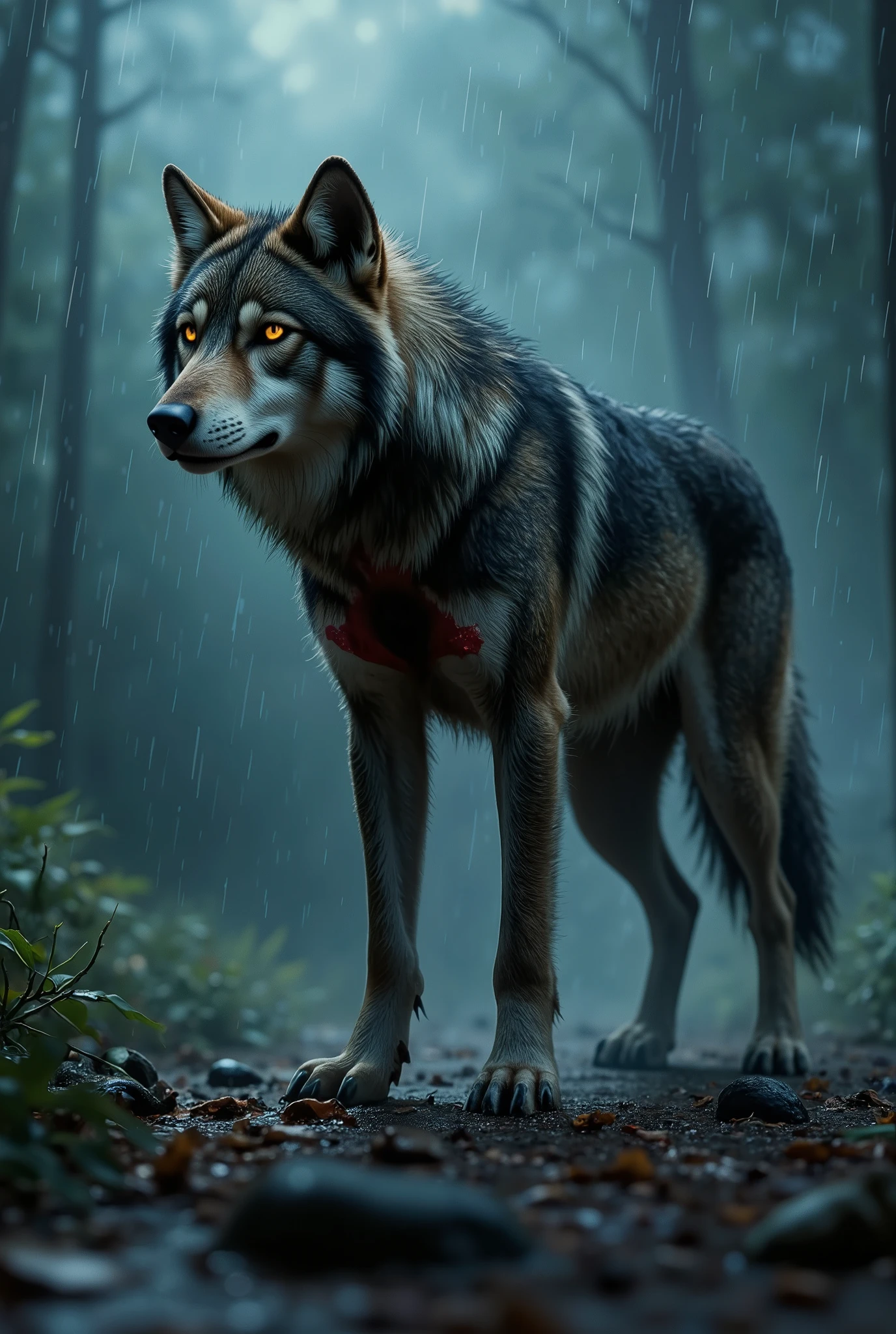 Lone wolf wounded in the chest on a rainy night