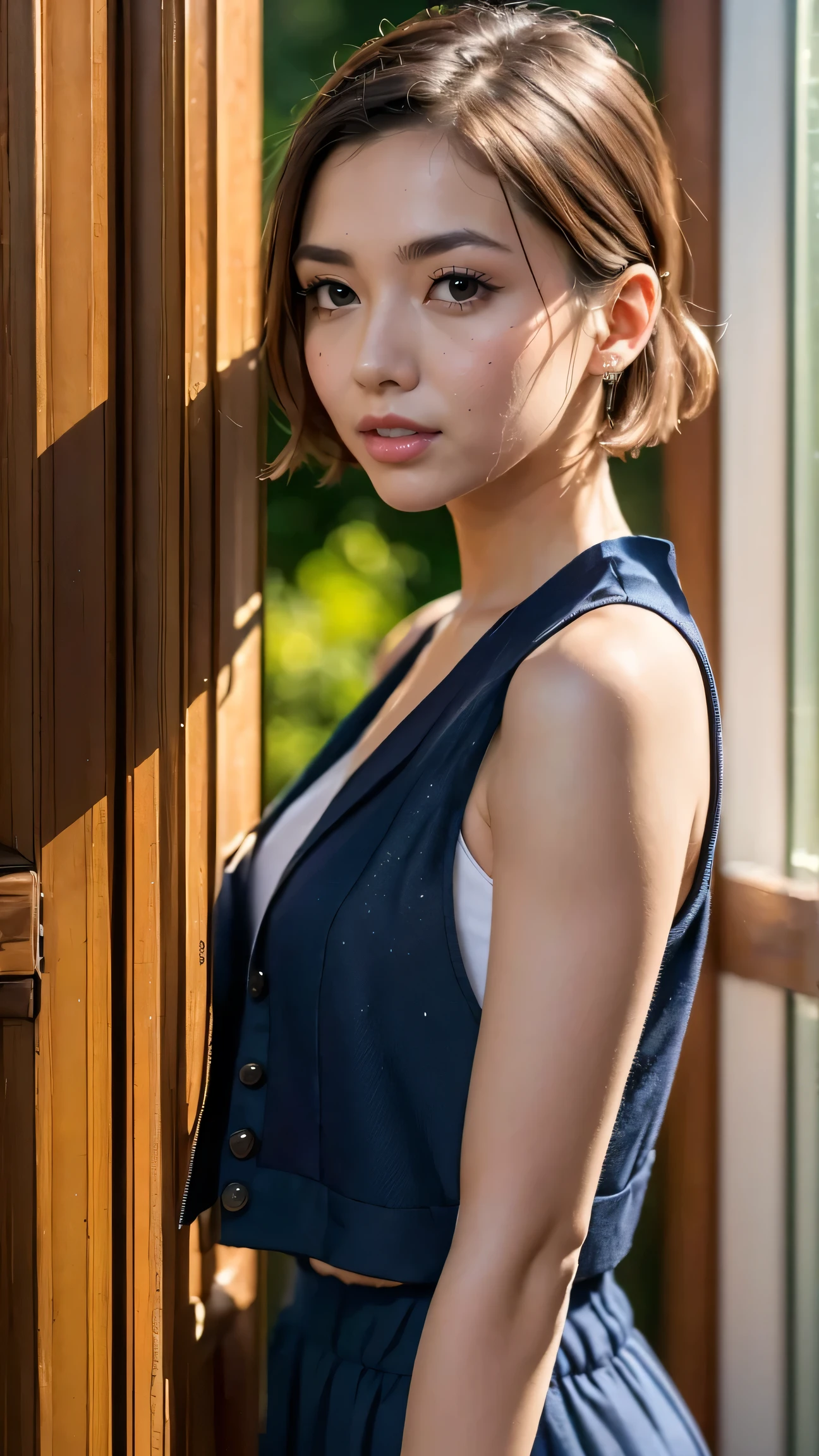 masterpiece, Highest Quality, (Highly Detailed CG Unity 8K Wallpaper, masterpiece, Highest Quality, ultra detail, vest shadow), (Detailed Background), (beautiful detailed face, beautifully detailed eyes), High Contrast,  real woman, freckles, (best lighting, very delicate and beautiful), short hair, hair ornament, accessories, piercing, Complex Backgrounds, Colorful light_ particle, space, dark background,  