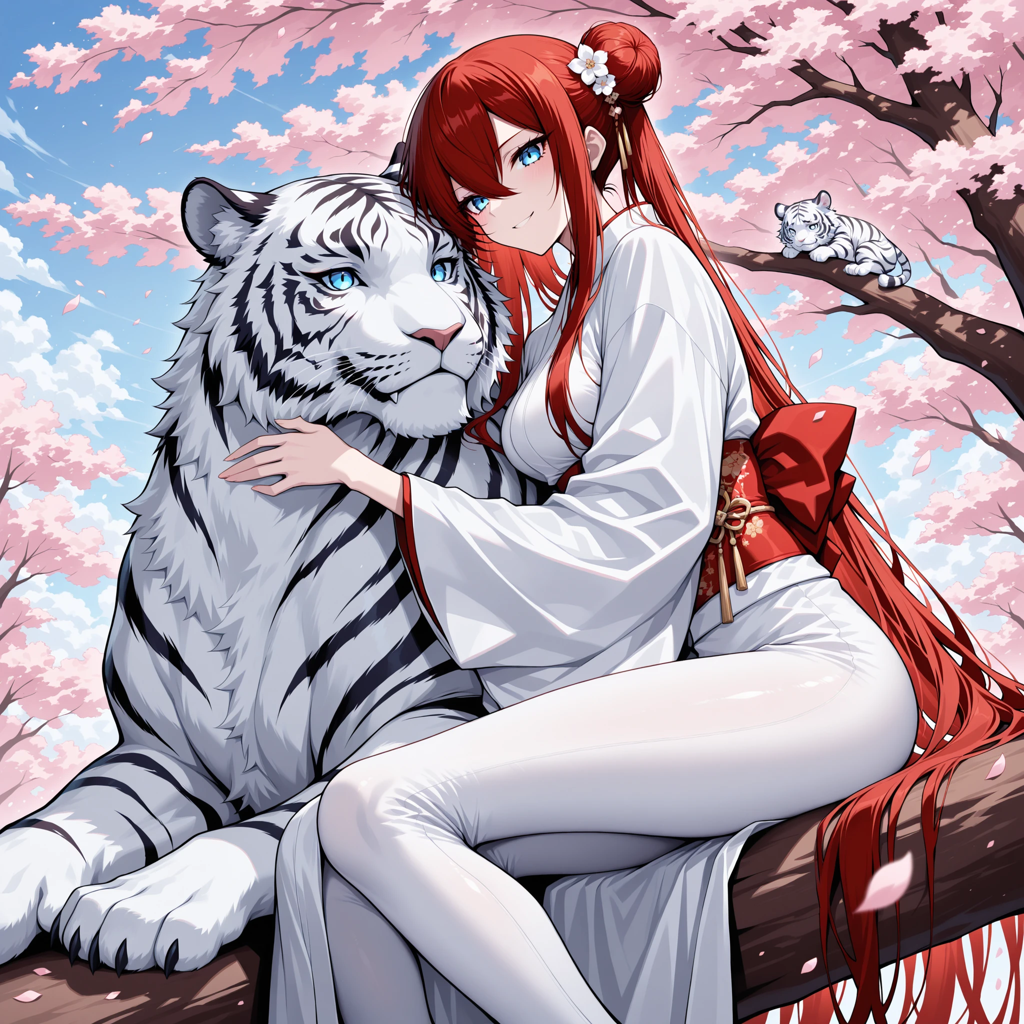 1 creature, large white tiger, white tiger sitting next to girl,  blue eyes, BREAK 1 woman , blue, very long hair , long sidelocks, red hair, petite , very cute , beautiful ,Straight hair, cool, handsome, hair between eyes, sexy, medium breast, double side hair buns,  hair flowing in the wind,   eyelashes, smile, pale skin, white winter kimono, red obi, white leggings, outdoor, sitting on a tree branch cherry blossom tree, falling petals, masterpiece, best quality, ray tracing, vibrant colors, volumetric lighting, (((beautiful))), side view, cuddling