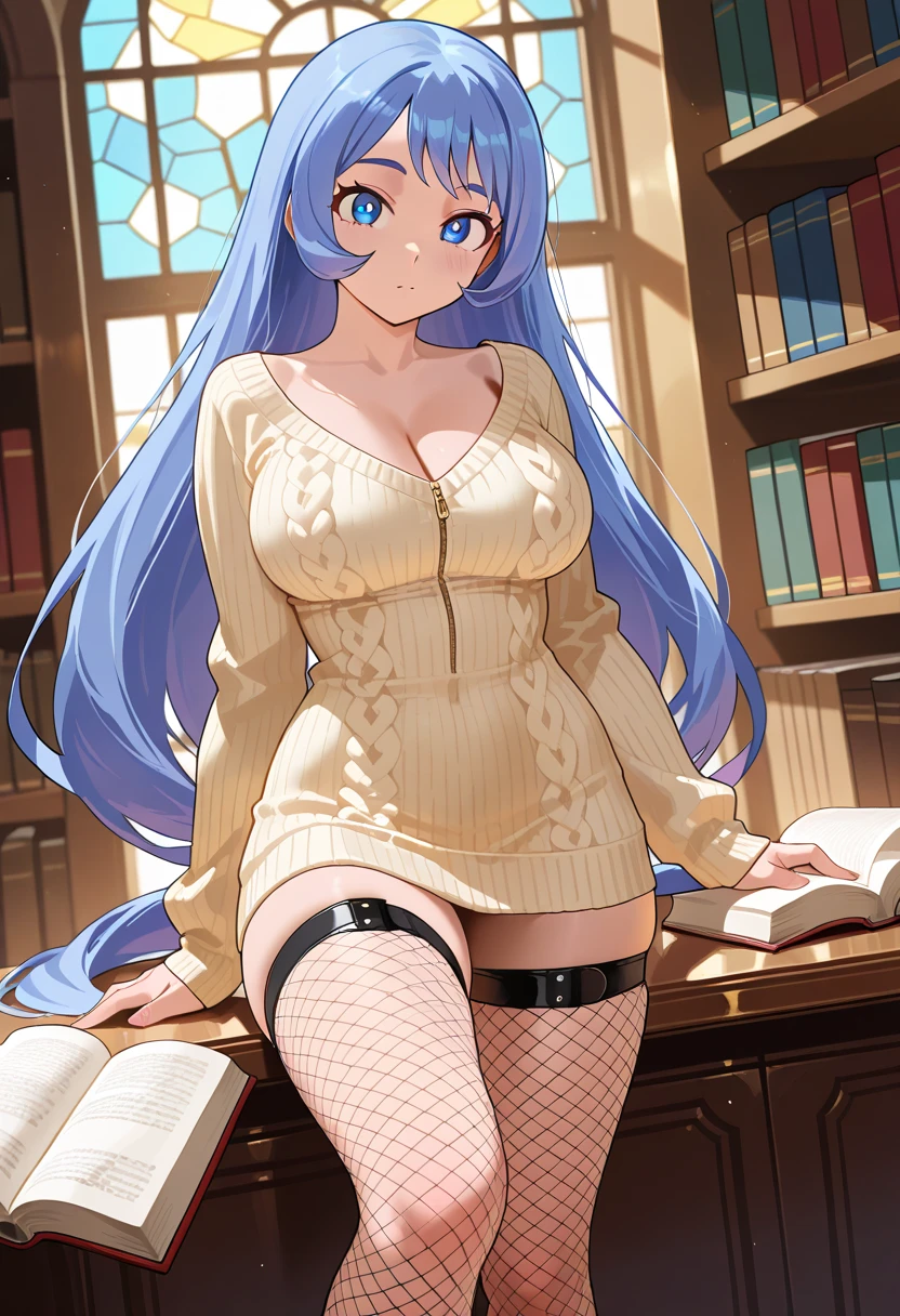 (best quality,ultra-detailed,photorealistic),(beautiful woman:1.1),blue eyes,long curly hair with blue tips,(voluptuous figure:1.1),(lying on the bed:1.1),books