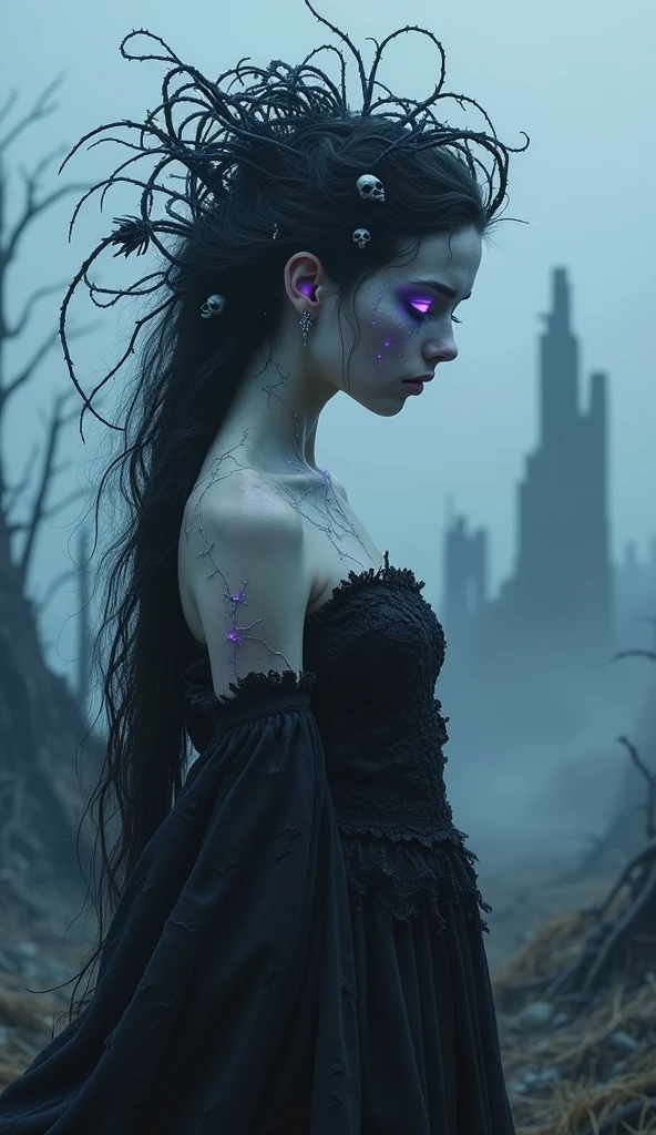 meeting with the mechanical elves overlords (([purple|black] hair)), long hair, white formfitting wet cotton dress, drenched wet fabric, heavy rain, hard nipples bump, see-through,  melancholic gaze at viewer,  (soothing tones:1.0), (hdr:1.25), (artstation:1.2), dramatic, evil creatures behind, boked barckground, rule of third composition (intricate details:1.14), (hyperrealistic 3d render:1.16), (filmic:0.55), (rutkowski:1.1), (faded:1.3)