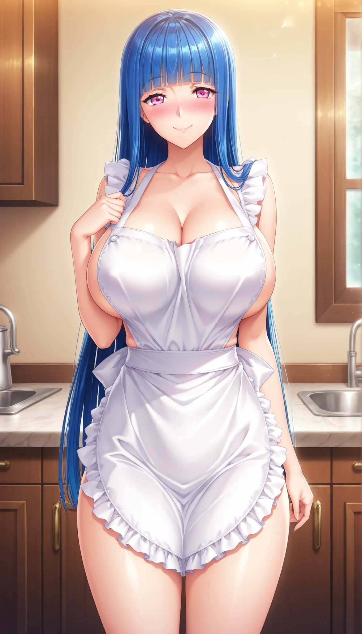 masterpiece, best quality, good quality, 1girl, Brynhildr Valhanna, blue hair, long hair, straight hair, pink eyes, large medium breasts, slim, game cg style, blush, horny, slutty, smile, naked apron