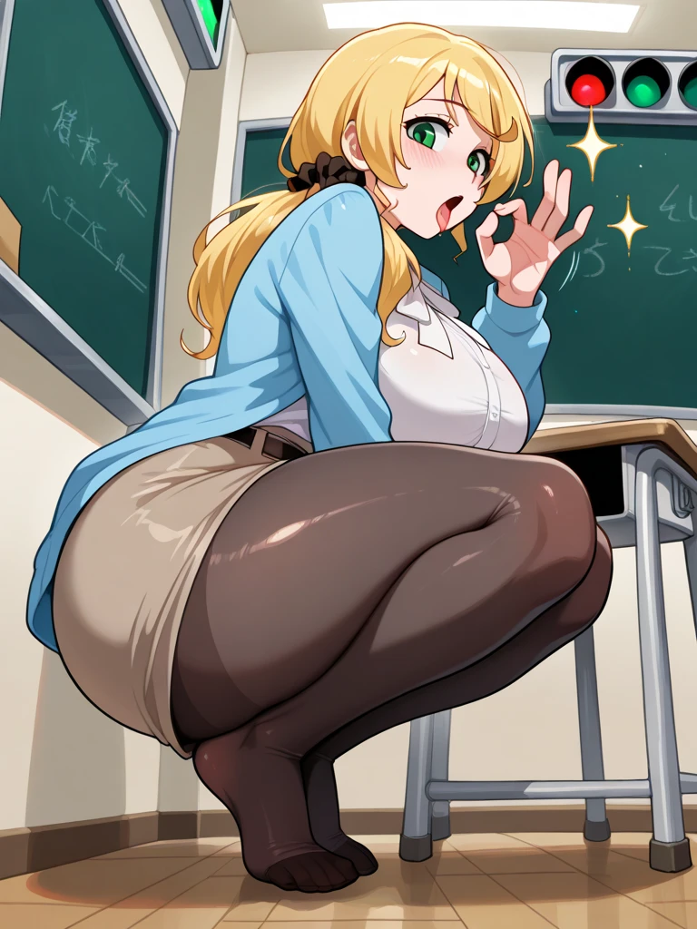 (Highly detailed CG,Highest quality,8k, masterpiece: 1.3),Super Detail, Ultra-high resolution, simple white background, Ellen Baker,girl(teacher),22 years old,Green Eye,Delicate eyes, hair(bionde,length,Loose Side Tail),(White transparent blouse),(Light blue cardigan), (micro mini skirt),((Cute pink panties)), (thin:1.4), (huge breasts), (narrow waist:1.4), (voluptuous thighs, thick thighs), (from side:1.2), Embarrassed look, blush, (((bent over, showing panty, bare legs ))), (nsfw)