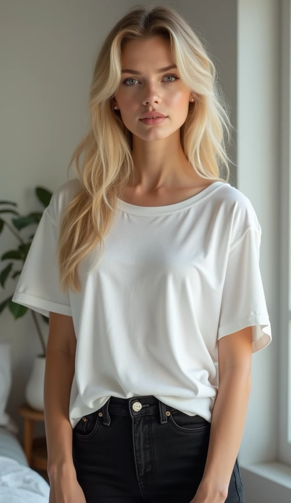 A woman in a white shirt and tan pants posing for a photo, vestido com uma camiseta branca, wearing white v - neck top, Vestida com uma camiseta branca, camiseta branca, roupas brancas, Topo branco, camisa apertada, usando blusa com decote em V, Roupas brancas, vestindo camisa branca, Vestindo uma camisa branca, vestindo uma camisa leve, manga curta