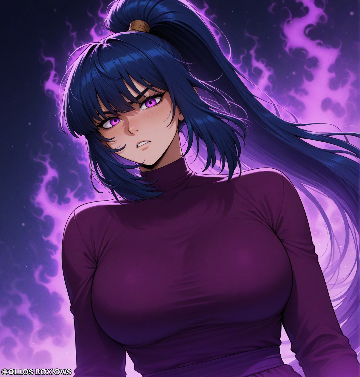 Girl with a slightly larger body, with large breasts, long hair in blue and purple tones, serious and serene face, wearing casual and stylish clothes in dark tones