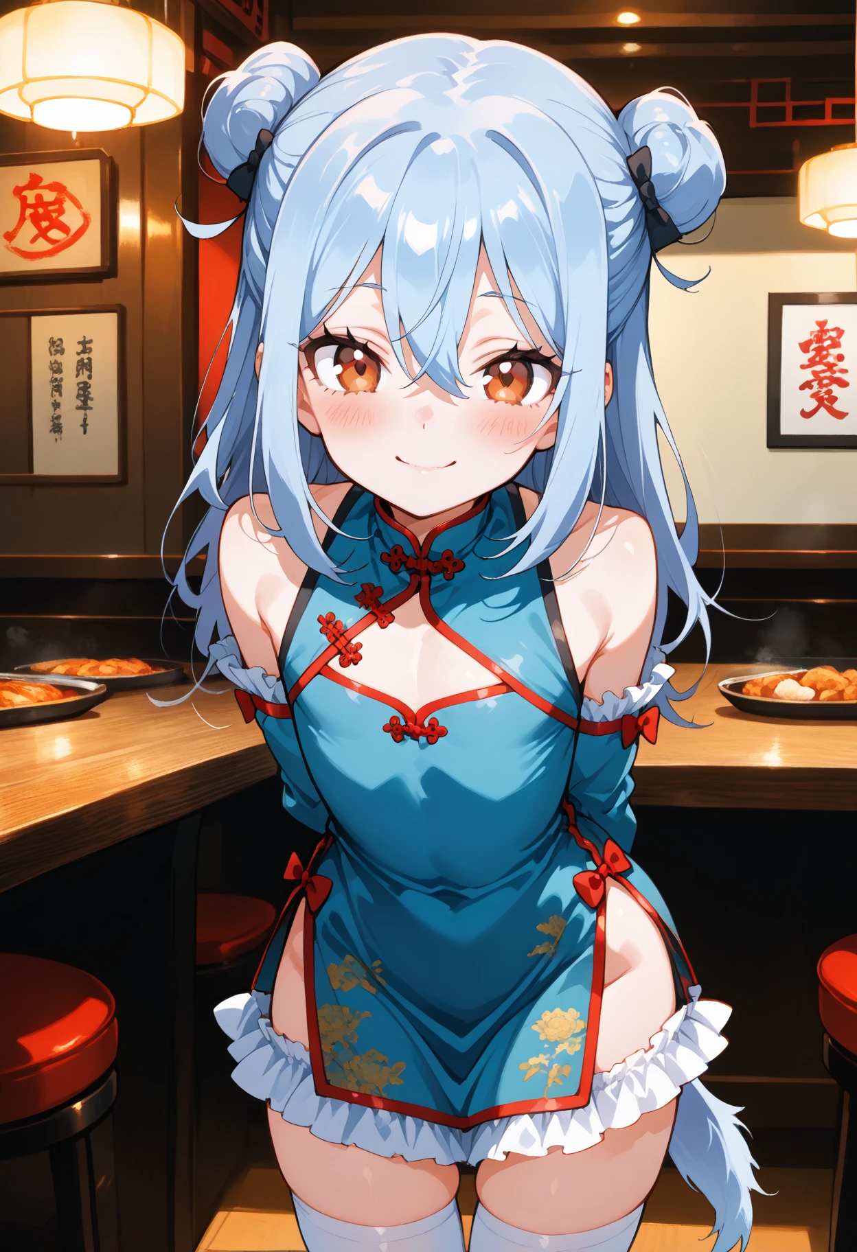 hamburger、Fried Shrimp、Deep fried oysters、ramen、dumpling、Shredded green pepper meat、Fried rice、steak、Japanese sake、Beer 、Three sisters in underwear eat heartily、A thin cute blue bra、Thin cute blue underwear
