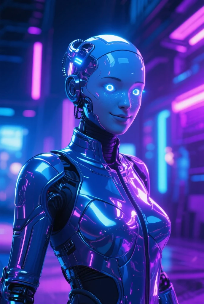 Beautiful female android, model-like body, glowing eyes, metallic body, shiny smooth surface, background reflected on body surface, blue-black body, downtown at night, neon sign, raining, cyberpunk cityscape, blur background, emphasize outline of person,