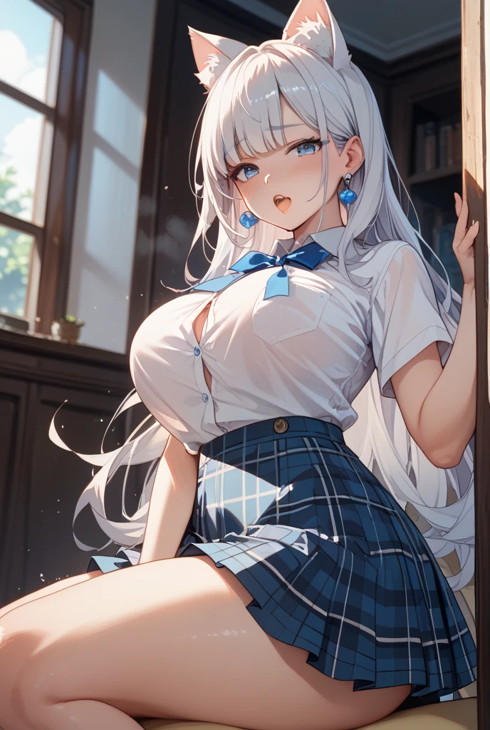 Masterpiece, Top Quality, High Definition, Hi-Res, One Girl, Solo, Angle from Below, Skirt, Shirt, Blue Eyes, Sheer Shirt, Unbuttoned Shirt, Unbuttoned, Fluffy, Cleavage,Protruding Nipples, Hard, White Hair, Pleated Skirt, Socks, Black Skirt, Long Hair, Long Sleeve, Bangs, Black Socks, Pubic Hair,Pubic Hair Visible,Dress Shirt, Troubled Look,Blush, Sweaty, Drenched, Sheer view, Sheer clothing, Wind-blown skirt, Lift up skirt, Crotch line, Hip line, White underwear, Panty shots, Beautiful leg line, Drops running down your legs, Drenched lower body, Wet waist, Excessive crotch droplets, Three-dimensional feeling of body parts, Exposed underwear, Realistic skin texture, Focused on feet, Kneeling, Knee spread, Bright room, Finger shift panties position, Lighting from below, Bitten panties