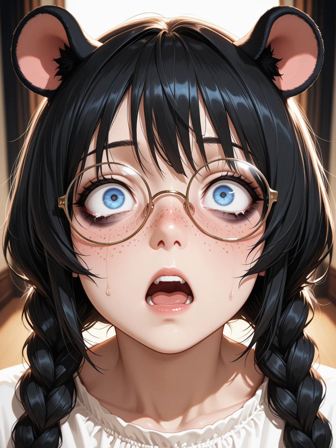 nsfw, woman, (nun), (Bunny ears), open mouth, Showing tongue, Round frame glasses, Small breasts, long hair, black hair, open legs, Rainy, (man, penis), (Sex, woman on top)