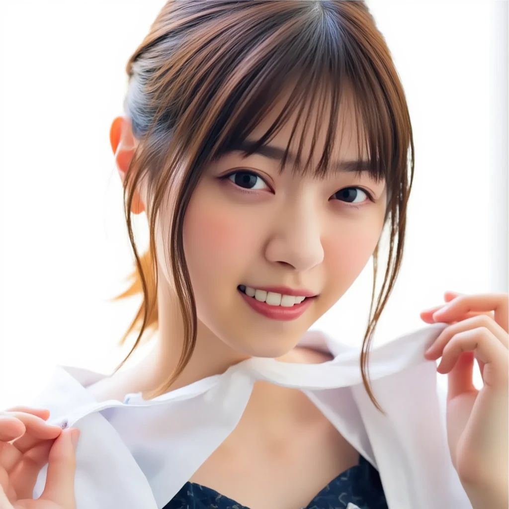((A photo of her panties showing through a short polo shirt、Hands roll up shirt、She is wearing a navy polo shirt and luxurious white panties.、:1.4))、Being in the living room、Length cream hair color、Her huge breasts are obvious even through her clothes..、Small earrings、Light brown hair color、:1.4））、Shiny Hair、Light beige hair color、Background Blur、Light brown hair、｛｛Cowgirl Shot｝｝、（（Close-up shot from the waist up、Big Breasts:1.4））、Big Breasts、にっこりsmile、服からでも分かるBig Breasts、Cowboy Shot、素敵なsmile、（（Revealing clothing））、Full body photo、ring、Tuck your hair behind one ear、Silver Necklace、smile、Caustics、Highly detailed photos、Big Breasts、Super no makeup、(8K、RAW Photos、Highest quality、masterpiece:1.2)、(Realistic、Realistic)、1 Girl、((Big Breastsショートヘア、Looking into the camera:1.4))、Hair blowing in the wind
