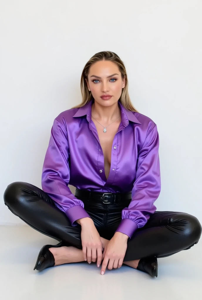night, female, relaxed, backlit, (Deep Focus), contrast, (f_stop 2.8), (focal_length 35.0) f/2.8, 35mm focal length, analog photo, silhouette, spotlight, (purple latex pants), (((posing kneeling))), (leaning forward) showing her face and ((focus on face)) (cleavage:1.15), a beautiful perky Scandinavian woman, Millie Bobby Brown, pale skin, perfect pink labia, highly detailed face, ultra detailed oiled imperfect skin, long black kinky hair, piercing eyes, perfect ass, (lustful facial expression, lusty, lascivious:1.3), dark background, warm colors, RAW candid cinema, 16mm, color graded portra 400 film, remarkable color, ultra realistic, captured on a (Fujifilm X-Pro3) / (f_stop 16.0), (focal_length 24.0), very small pendant on fine necklace, highly realistic, realistic, masterpiece, absurdres, intircate, highly detailed, detailed, high quality, best quality, highres, photo_(medium), reality, dimly lit, low light, dim, dark, 8k, cinematic lighting, volumetric lighting, dim lighting, professional photography, perfect eyes, detailed hair