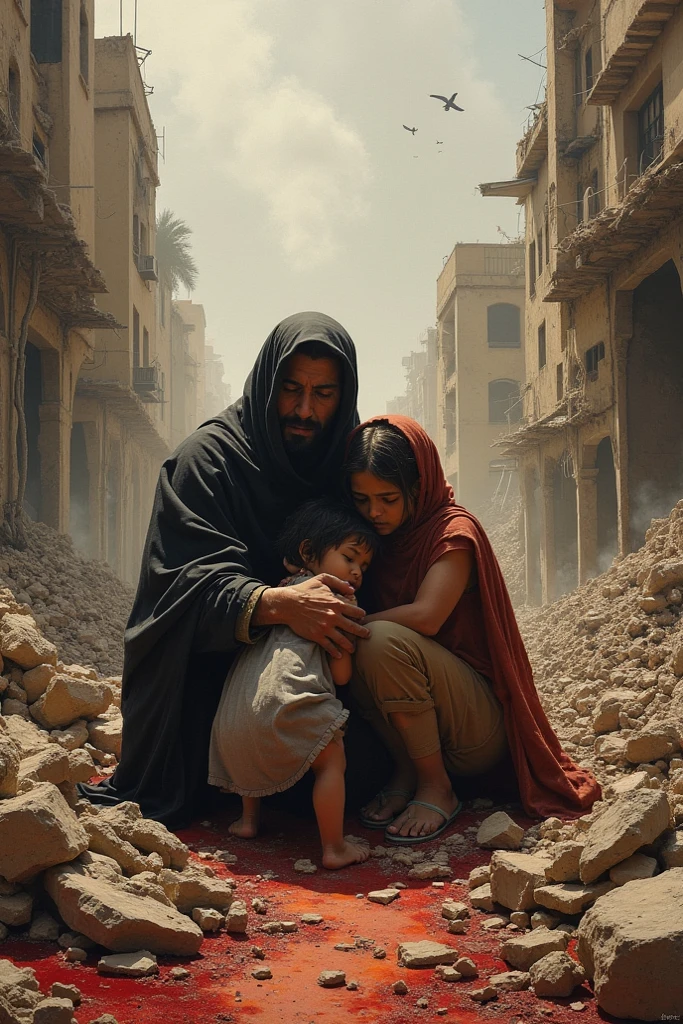 Depicts a male Islamic fighter wearing a Palestinian flag headband carrying an RPG kissing his mother&#39;s hand in front of a collapsed building.