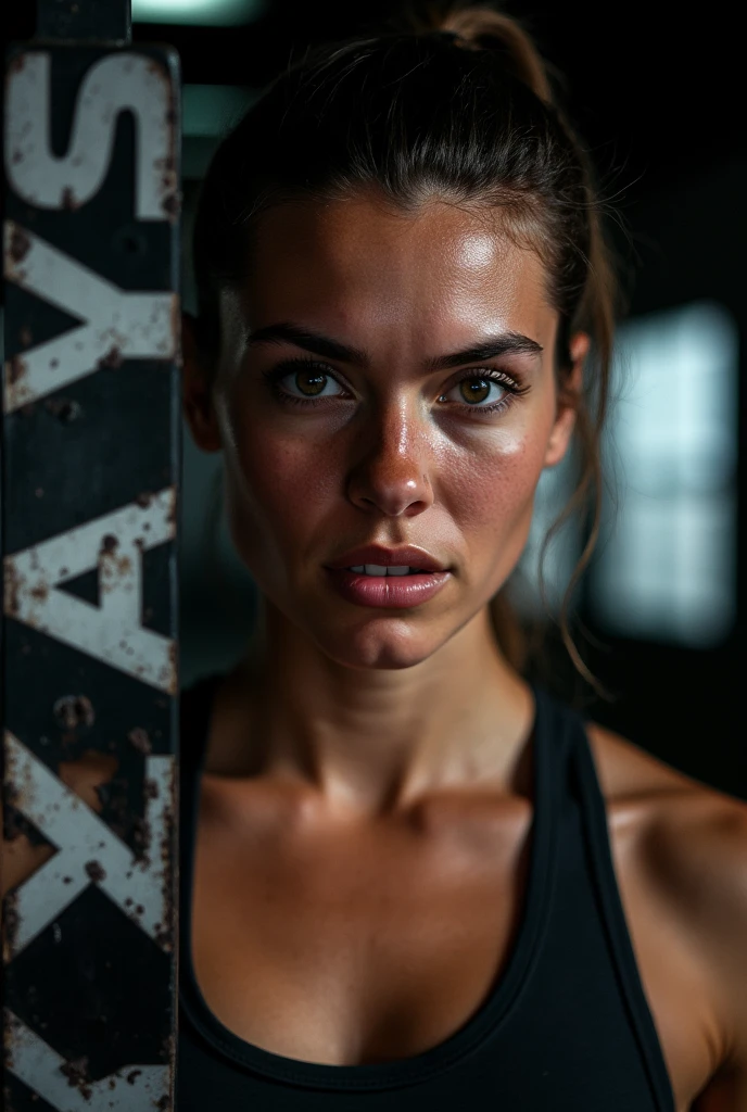 Ronda Rousey with beautiful detailed eyes, beautiful detailed lips, extremely detailed face, long eyelashes, braless, arms covering breasts, shaved intimate area, medium shot, photorealistic, studio lighting, high quality, hyperrealistic, hyper detailed, masterpiece, vivid colors, cinematic, dramatic lighting, chiaroscuro, dark moody atmosphere, cinematic composition