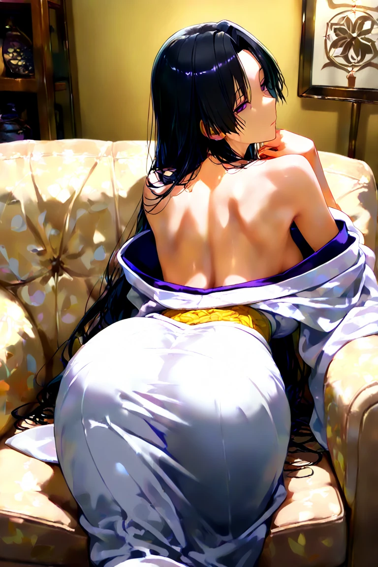BREAK looking at viewer,BREAK (masterpiece:1.2), best quality, high resolution, unity 8k wallpaper, (illustration:0.8), (beautiful detailed eyes:1.6), extremely detailed face, perfect lighting, extremely detailed CG, (perfect hands, perfect anatomy),yoruichi shihouin, long hair, (yellow eyes:1.5),onsen,hot springs,night,ponytail, purple hair, dark skin, dark-skinned female,sexy lingerie,nipples,nipples see through,bathrobe,from behind,showing ass,
