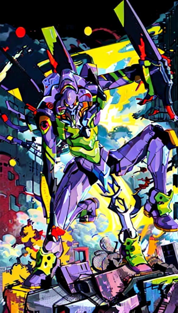 (eva 01), Evagod, Evangelion Mecha, Science fiction, Looking at Viewer, (Official art, Best Quality, masutepiece:1.2), Illustration, hight resolution, beautiful abstract background, A futuristic, Cyberpunk, Intense angle,