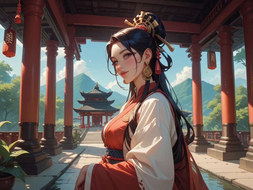 (masterpiece:1.4),ultra-detailed,(best quality), illustration, (Depth of field) beautiful girl killer, medieval fantasy Chinese city, temple in the background,