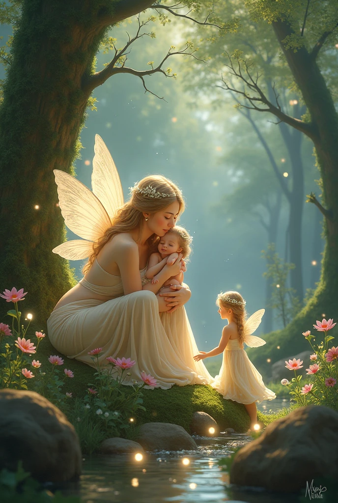 PREGNANT MOTHER AND TWO LITTLE GIRLS DRESSED AS FAIRIES, NIGHTTIME, FLOWERS, NATURE, MOONLIGHT, 8K, resolution concept art portrait by Greg Rutkowski, Artgerm, WLOP, Alphonse Mucha dynamic lighting hyperdetailed intricately detailed Splash art trending on Artstation triadic colors Unreal Engine 5 volumetric lighting", K, CAUCASIAN, BLUE EYES, Italy