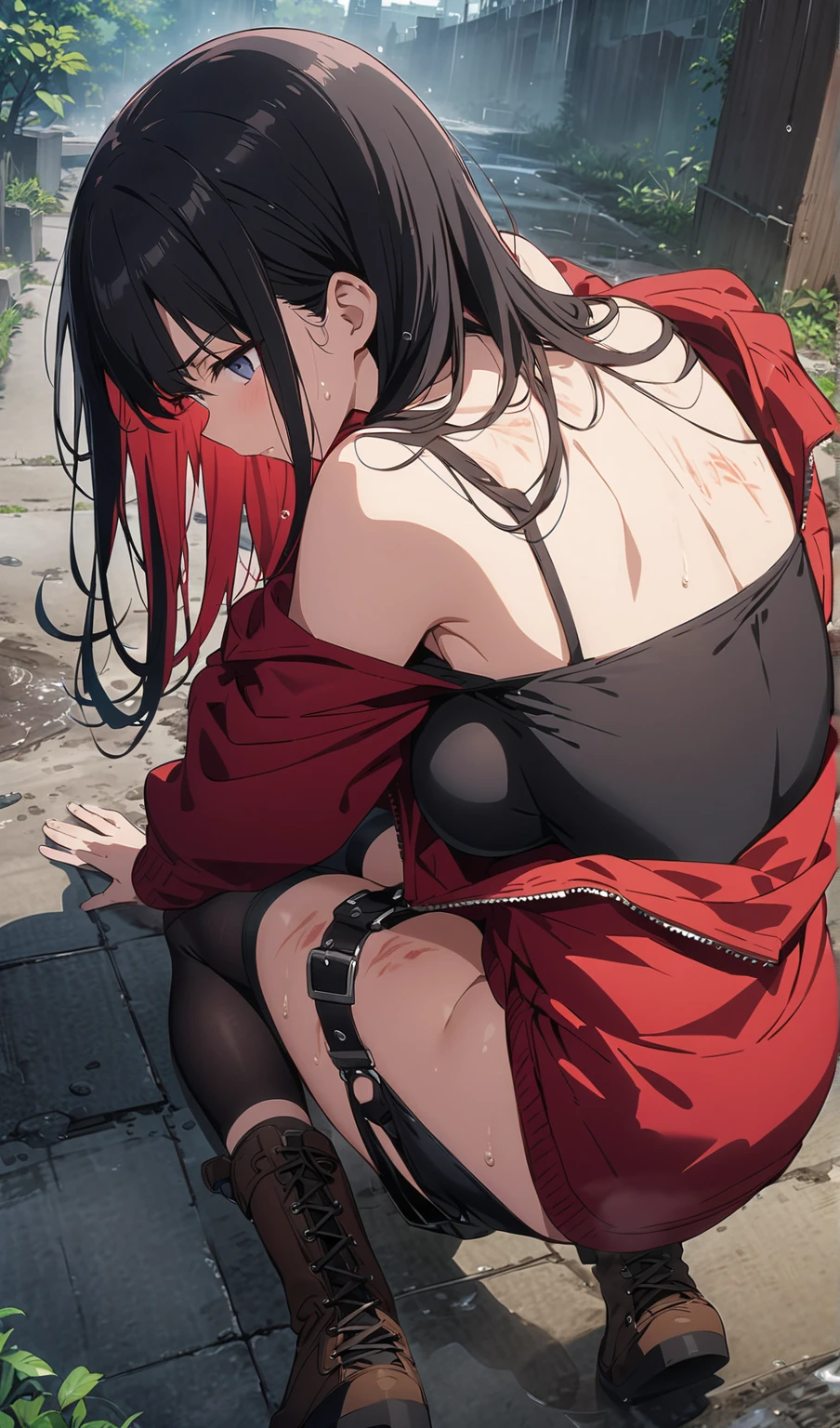 (Reimu Hakurei Black Hair Glasses Creampie 、Watery eye、Sweaty、disgusted face Semen all over the body Breast shaking Standing Place both hands on the wall) (Subjective View from behind) (1boys, vaginale,sex) (Dark back alley)