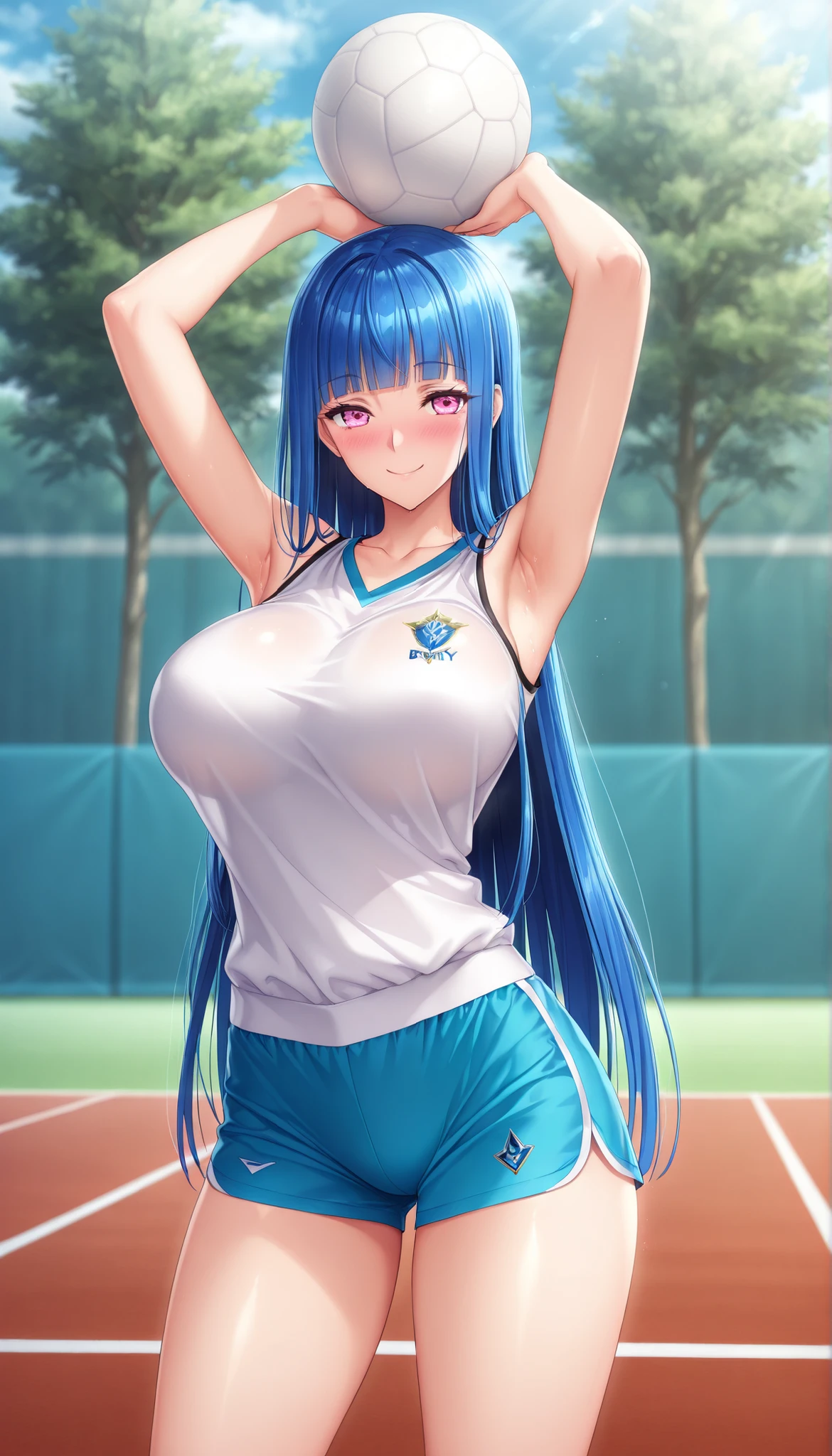 masterpiece, best quality, good quality, 1girl, Brynhildr Valhanna, blue hair, long hair, straight hair, pink eyes, large medium breasts, slim, game cg style, blush, horny, slutty, smile, shorts, sleeveless, armpits,arms up, sleeveless shirt, sportswear, holding ball