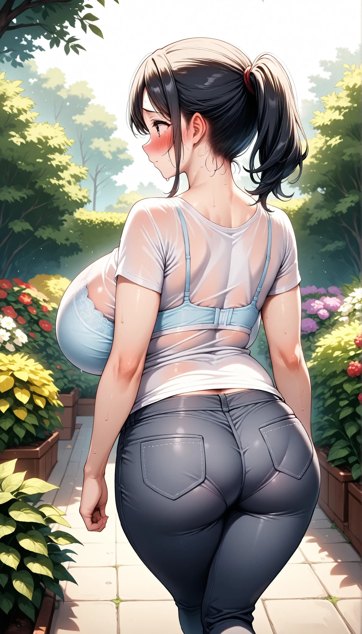 best quality,8k,mature female,(huge breasts),(petite,smaller female:1.3),(plump),small head,(sweat,blush),embarrassed,milf,medium hair,black hair,ponytail,white t-shirt,pants,garden,walking,from behind,back,pantylines,bra visible through clothes