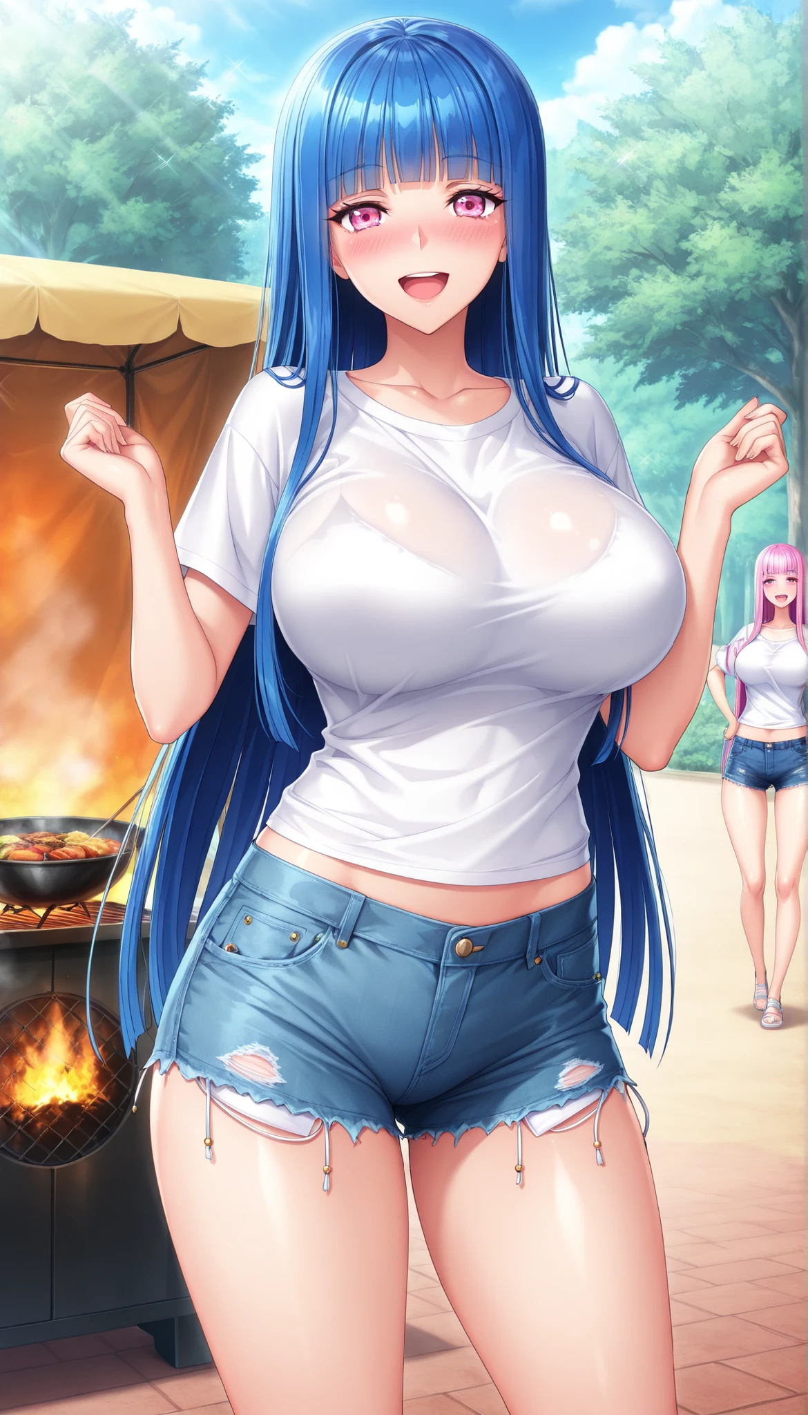 masterpiece, best quality, good quality, 1girl, Brynhildr Valhanna, blue hair, long hair, straight hair, pink eyes, large medium breasts, slim, game cg style, blush, horny, slutty, smile, white shirt,denim,open mouth,thorn shorts, bbq