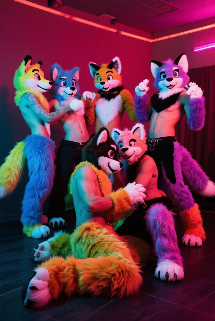3 naked furries with bitchsuits, 1 is white, 1 is tanned, 1 is brown and naked,