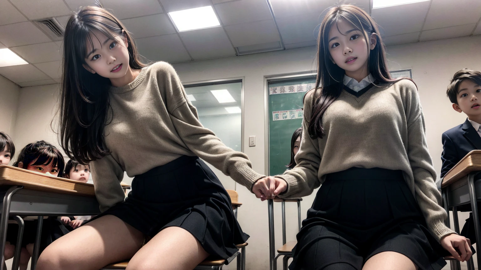 ((highest quality、8k、masterpiece:1.3)),((((fullbody shot)))),Ultra-high resolution,big eyes,Japanese,bangs,(a girl),(1 girl),((20 years old)),((facing at viewer)),(long hair),(((black sweater))),grin,((squatting)),(pleated mini skirt),(((pussy))),((pubic hair)),((skirt lift)),(((short crew socks)))