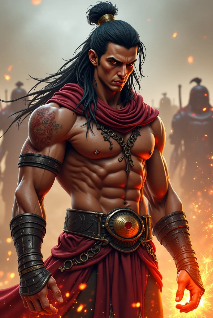 Liu Kang mortal kombat with long hair and bun tied with a red headband, No blouse, golden shoulder pads with several spikes, a cape and a red skirt, a black belt and armbands