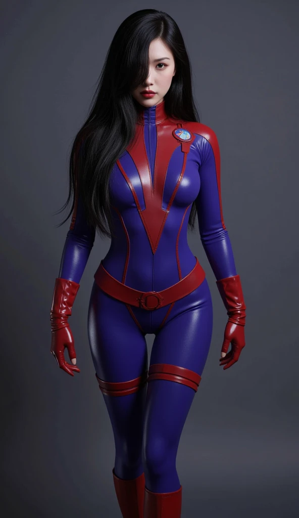 Digital illustration of a female Bayonetta White character with muscular build, wearing a tight latex jumpsuit. She has long black hair with two braids and latex gloves. His facial expression is serious, with blue eyes and a determined look. The character's skin is light and she has red latex paint on her legs. The illustration is highly detailed, focusing on the character's strong physique and intense expression. anime, anatomically correct, super detail, high quality, 4K