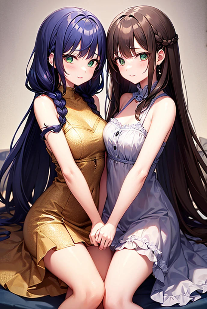 absurdres, RAW photo, extremely delicate and beautiful, masterpiece, Best Quality, ultra high resolution, 32k, hyperrealistic, ultra-detailed, Very detailed CG 8k wallpaper, Beautiful Lighting, Perfect Lightning, Realistic Shadows, perfect anatomy, super Detailed skin, perfect figure, Japanese woman, late 20s, very Slim body, narrow waist, very small head, handsome detailed woman, very detailed eyes and face, realistic face proportions, Stunning detailed eyes, Realistic beautiful face, very small face, Realistic small beautiful eyes, tearful mole, earring, beautiful and very thin legs, beautiful and very thin thighs, very huge round breasts, medium hair, black hair, whole body shot, (2girls:1.2), (yuri:1.2), (cheongsam:1.2),