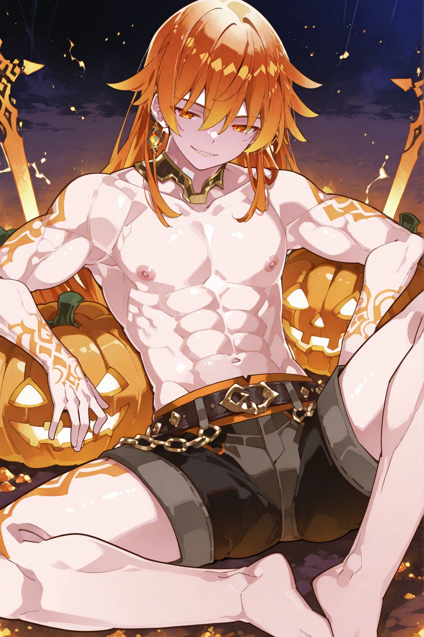 tall skinny yet toned fantasy manly boy with smooth warm golden-tan glowing skin, short messy wild vivid orange hair with loose fluffy side-swept bangs and slightly tousled back, fierce burning bright orange eyes with intense sharp glow, barefoot with slim strong legs, wearing only rugged stylish dark combat shorts with glowing orange runic patterns and a thin black chain belt, chest bare and skin shining under golden light,sexy Jack-O Lantern style pose, legs spread wide and arms braced back confidently, playful but sexys smirk across soft lips with a manly abs, nipples and chest, orange crystal energy swirling lightly around his body, small magical orange tattoos glowing faintly across collarbones and arms, golden sunset beach battlefield background with cracked marble and swirling embers in the air, vibrant soft fantasy light casting shadows over toned muscles, anime-style, highly detailed, fiery sensual heroic atmosphere, radiating powerful wild charm and energy